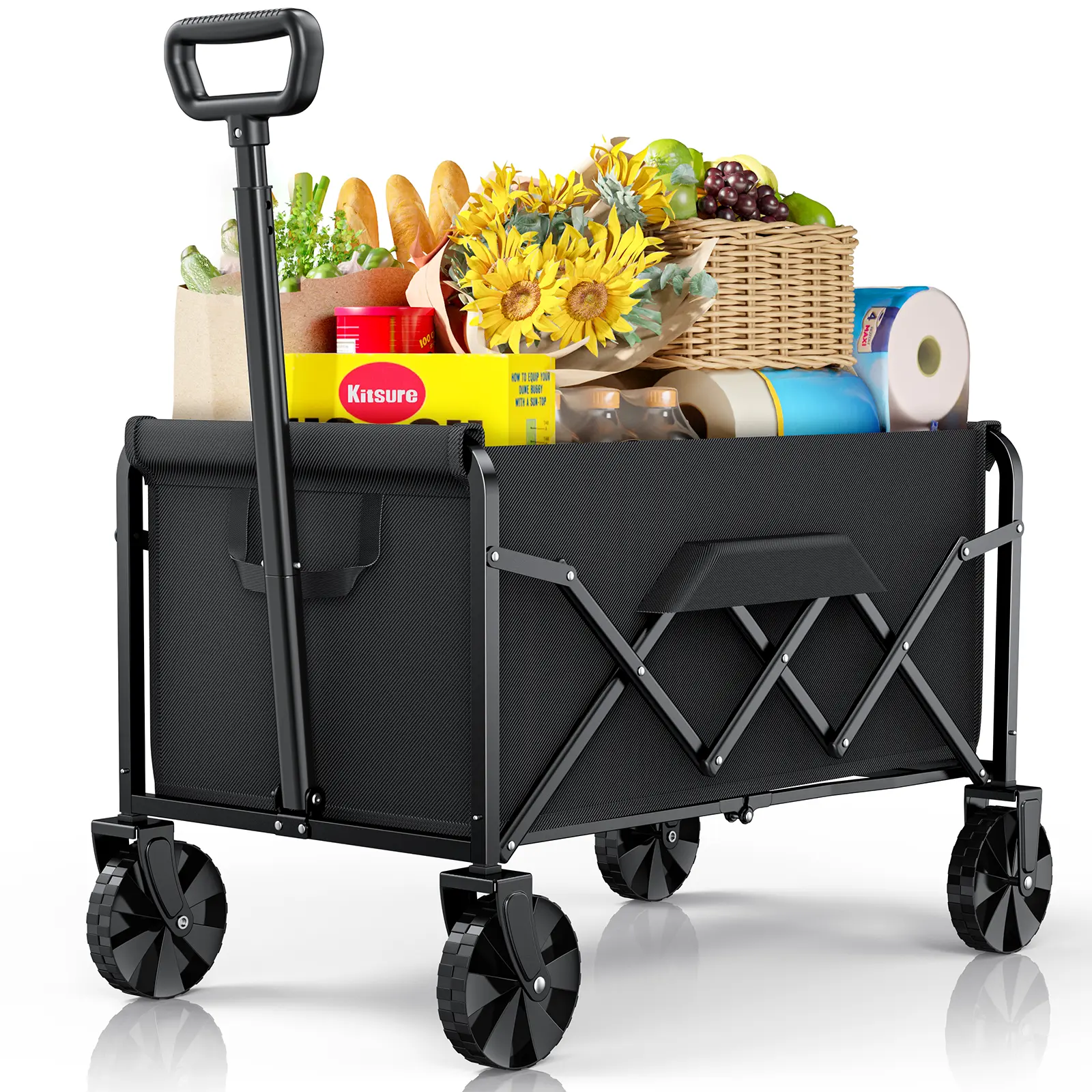 Collapsible Folding Wagon Cart, Heavy Duty Camping Wagon with Wheels, Portable Utility Cart for Outdoor, Black
