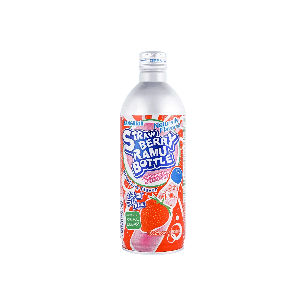 SANGARIA Ramune Japanese Soda - Strawberry Flavor - 480ml - Classic Carbonated Drink with Unique Marble Bottle