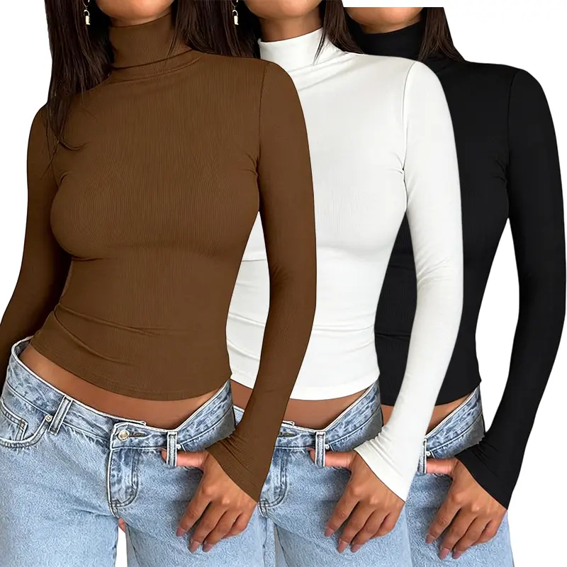 Women's 3 Pack Long Sleeve Crop Tops - Crewneck & Turtleneck, Slim Fit Y2K Fashion, Basic Korean Style Layering Shirts for Everyday Casual Wear
