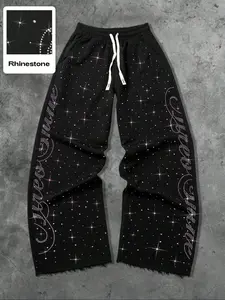 Unisex Straight Leg Fitted Sweatpants with Rhinestone Design, Diamond Pants Color Block, Fashion Casual for Men Women, Bottom