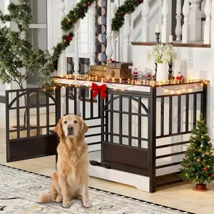 COZPAW Heavy Duty Dog Crate Furniture, 52 Inch Wooden Dog Kennel Indoor for XLarge Breed, Dog Crates for Large Dogs with Double Doors, Decorate as House TV Stand, End Table-White Brown Enclosure