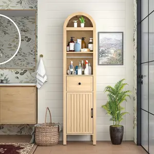 64" Tall Bathroom Storage Cabinet with Adjustable Shelves,Tall Narrow Arched Freestanding Tower Cabinet with Fluted Doors and Drawers,Space Saving Organizer for Bathroom Living Room