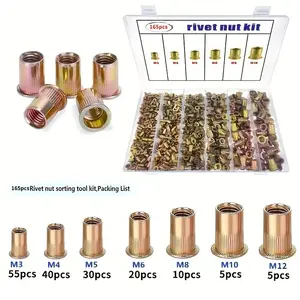 165-Piece Rivet Nut Kit - Hardware, Carbon Steel Fasteners, Fastening Solutions, Zinc Plated M3-M10 Slotted Flat Head Threaded Inserts, Full Thread, Heavy Duty Blind Rivet Nuts Set for Automotive Repair, Furniture Assembly & Industrial Fastening Projects