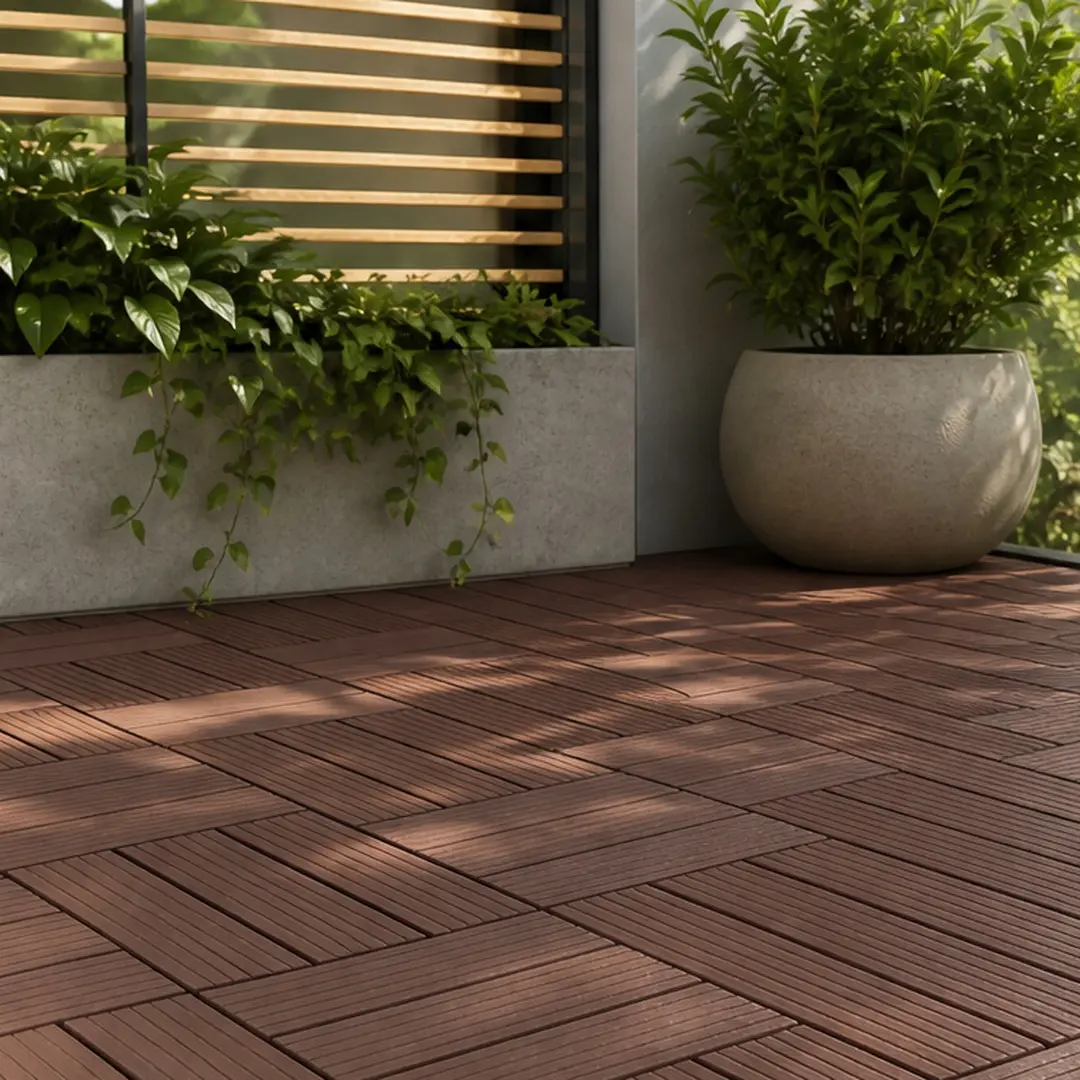 12x12 Inch Interlocking Deck Tiles, 44-Pack Brown Polypropylene DIY Patio Flooring, Waterproof All-Weather Snap-Together Plastic Pavers for Backyard, Poolside, Indoor/Outdoor Use