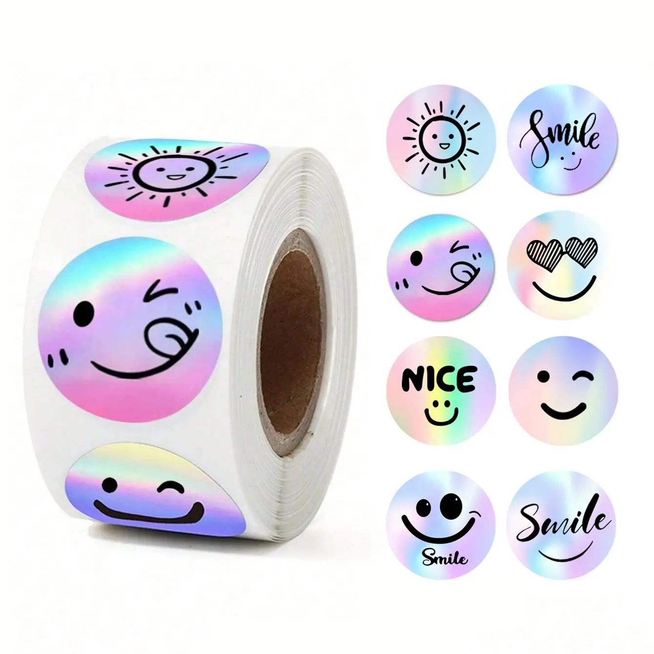 500 Pcs Roll Rainbow Smile Face Self-Adhesive Funny Stickers, Sticker Rolls, Circle Sticker Label Waterproof Round Label Decorative Stickers for Gifts, Cake Packaging, Cards, Sticky Labels, Decorative Decal