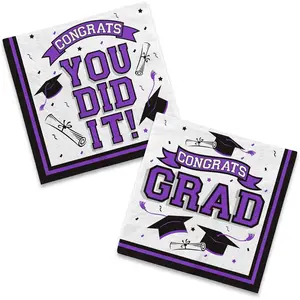 80 Pack Purple and Black Disposable Paper Cocktail Napkins for Graduation Party Decorations