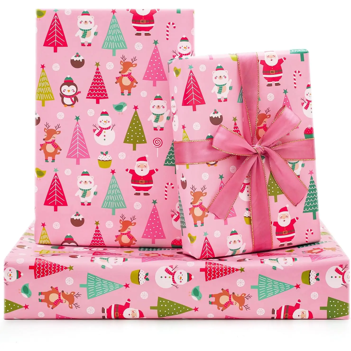 Pink Christmas Wrapping Paper, Vintage Baby Pink Santa Bear Sweets Snowman Xmas Wrapping Paper with Pink Ribbon, 7 Sheets Folded Flat 20X30 Inches per Sheet for Kids Girls Boys Christmas Party Nepog