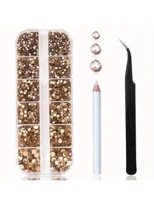 A Set of 2000 Flat-Bottom Round Rhinestones in 6 Sizes (1.5-4.8 Mm) for Nail Art, Including Tweezers And a Picking Pen, Suitable for Nail And Eye Makeup (Golden Shade), Nail Gems