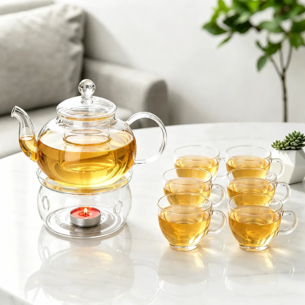 Constant Temperature Heated Glass Kettle 600ml Pot with 6 Round Handle Cups & Round Base Transparent Filter  Inner Glass Flower Tea Kettle Gift Box Tea Set Glass teapot suitable for women at home to use fruit beauty tea with thermostatic heating base
