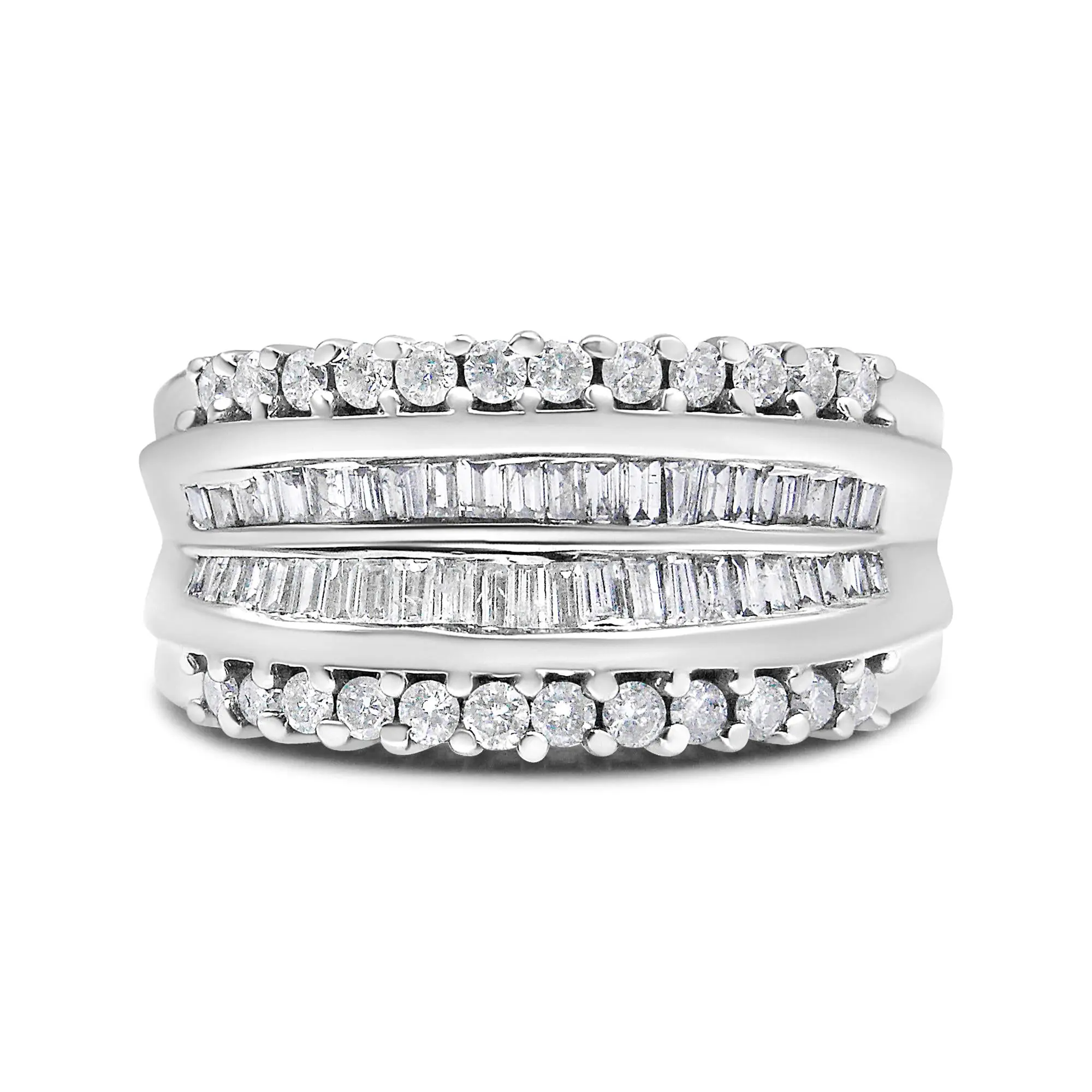 14K White Gold 1.00 Cttw Round and Baguette-Cut Diamond Modern Band Ring (H-I Color, SI2-I1 Clarity)