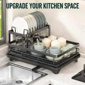 2 Tier Dish Drying Rack with Drainboard, Black Kitchen Counter Dish Organizer with Utensil Holder, Cup Rack and Plate Holder, Space Saving Kitchen Storage Rack for Modern Homes 2-tier stainless cocina drainer multifunctional