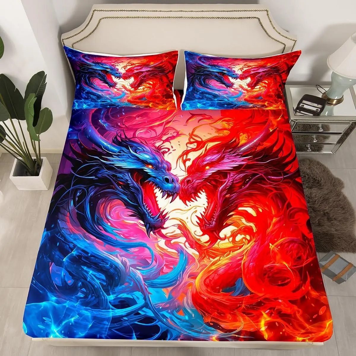 Red Blue Dragon Fitted Sheet,3D Water and Flame Dragon Bedding Set Men Bedroom Decor,Wild Animal Bed Sheet Western Magical Style Deep Pocket Sheet