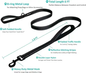 Heavy Duty 6FT Dog Leash with Dual Handles – 2X Thick Nylon Training Leash with Padded Traffic Control Handle & 360° Swivel Clip for Medium & Large Dogs (Black)