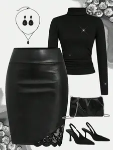 Women's Casual Fitted Solid Color PU Leather Pencil Skirt Bottoms, Lace Patchwork Half-Sleeve Dress, Elegant Summer Fashion Womenswear, Comfortable & Stylish, Chic Elegant Skirt, Casual Skirts