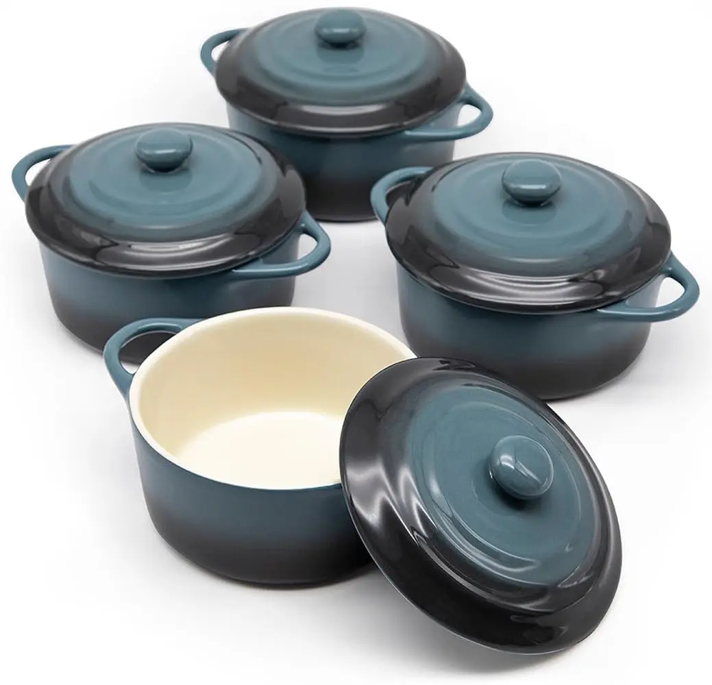 Rustic Ceramic 4-Piece 12 oz Mini Cocotte Set - Fruit & Individual Baking Bakeware, Small Stoneware Lidded Casserole Dishes with Handles, Oven, Microwave & Dishwasher Safe