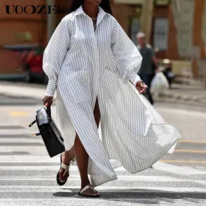 Long Sleeves Loose Buttoned Split-Side Striped Lapel Maxi Dresses Shirt Dress Summer White