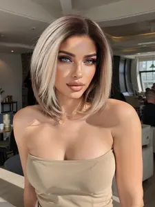 13x6 Lace Front Wig in Platinum Color, Short Straight Hair with Ombre Roots, Breathable Everyday Use, No Bangs Design for Summer, Lace Frontal Wigs