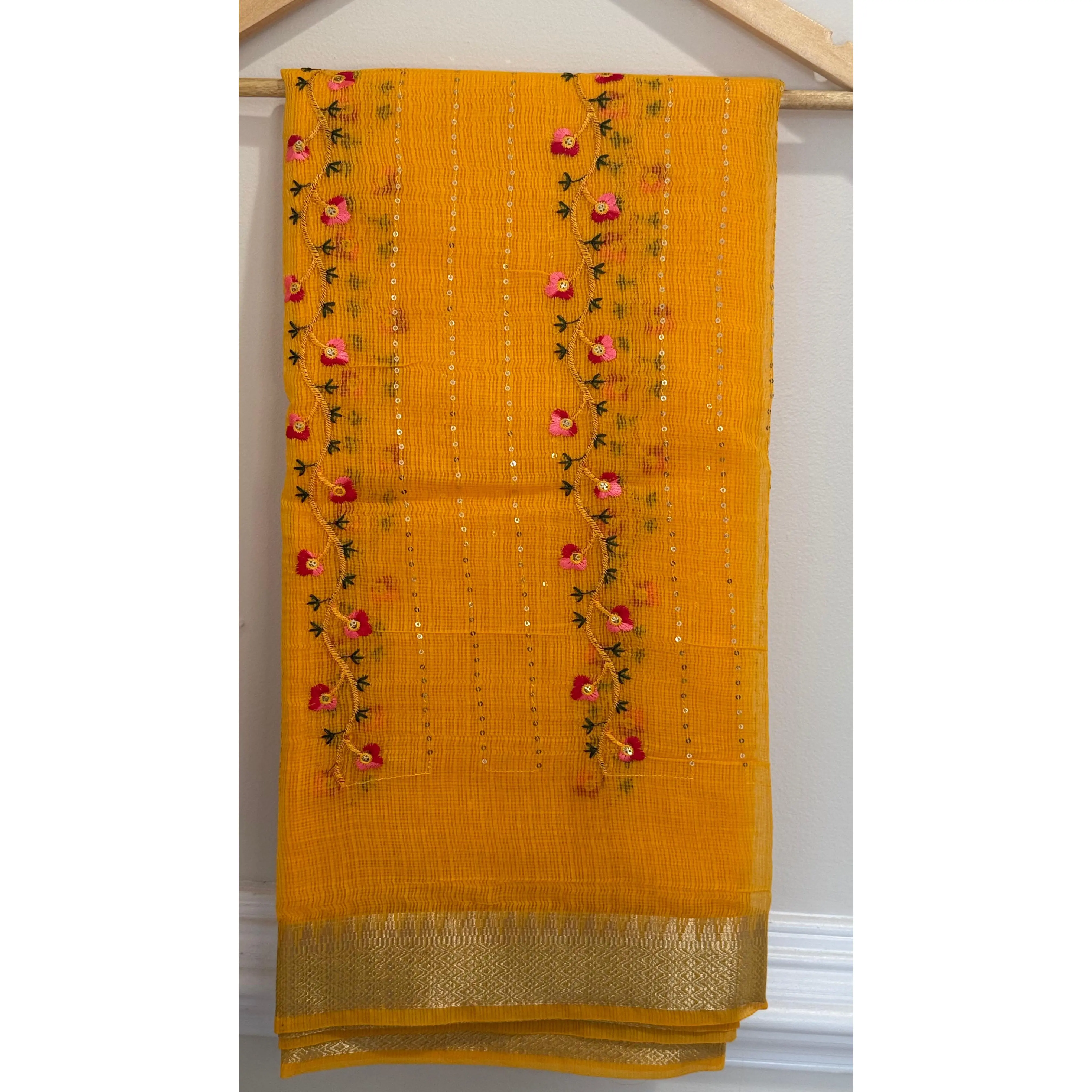 Women's Sunshine Yellow Floral Cotton Saree, Wardrobe Essential, with Sequins & Thread Embroidery, Matching Blouse Piece for Daytime Events & Everyday Elegance