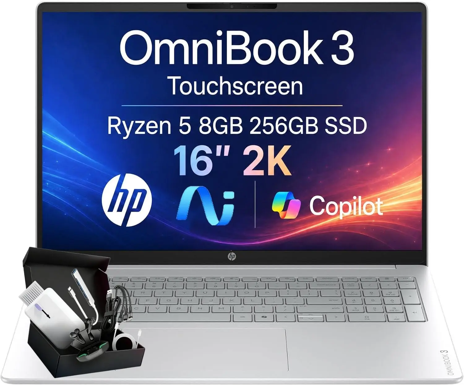 HP OmniBook 3 Laptop - 16-inch 2000x1200 Touchscreen, AMD Ryzen 5 Processor, 8GB Memory, 256GB SSD, Windows 11 Home, Multitasking Capable, Type-C Port