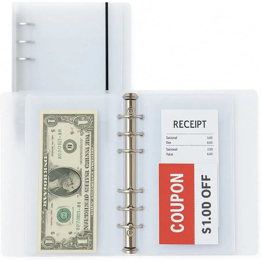 A6 Binder with 15 count Flap Binder Pockets - 6 Ring  Stuffing Binders with Envelopes Inserts for Budgeting, , Receipt and Bill Storage Holder - Compact, Transparent