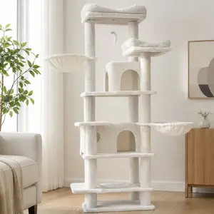 ARCH 68in Tall Multi-Level Cat Tree with Hammocks, Hanging Basket, Cat Cave, Removable Cushions, Sisal Scratching Posts - Plush Cat Tower for Indoor Cats, Multiple Cats, Beige/MDF, 6-Level Playground, Cozy Hideaways, Easy Clean, MDF Material
