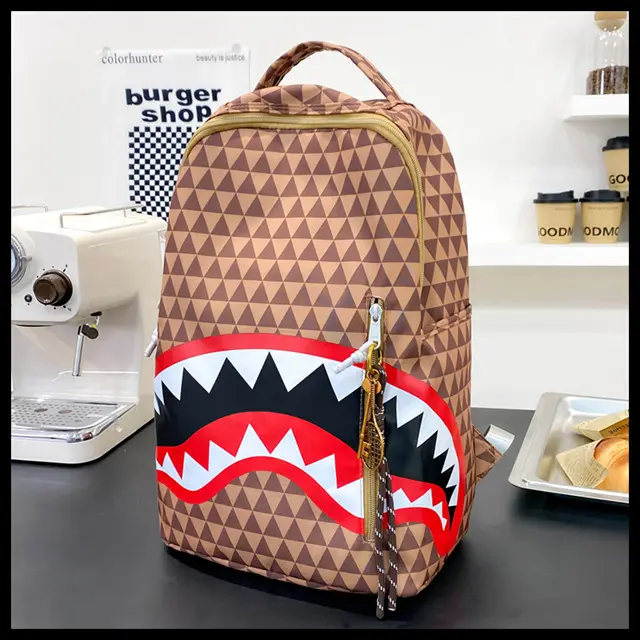 Brown checkered shark mouth design men's backpack, lightweight and durable, suitable for water activities, fitness, etc.