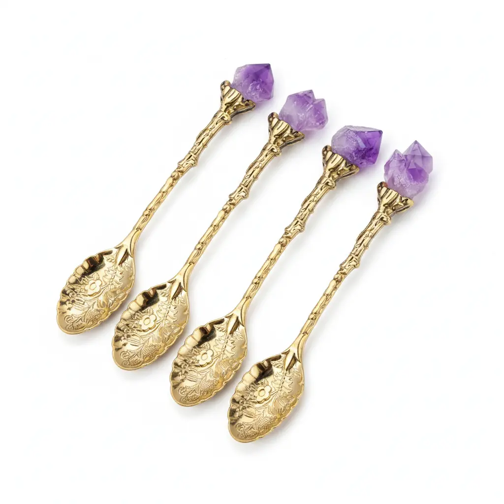 4pcs golden vintage carved coffee tea spoons with natural raw amethyst flower crystal top, hand polished bohemian mini dessert ice cream stirring scoop, lucky home kitchen decorative metal tableware gift set