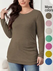 【Plus Size】1 Plus-Size Crew-Neck T-Shirt, High Elasticity, Casual and Easygoing Style, Side Button Decorations Add Details, Long Sleeves & Slim Fitted, Suitable for Plus-Size Women’s Daily Outings and Relaxed Office Scenarios, Basic Top, Womenswear