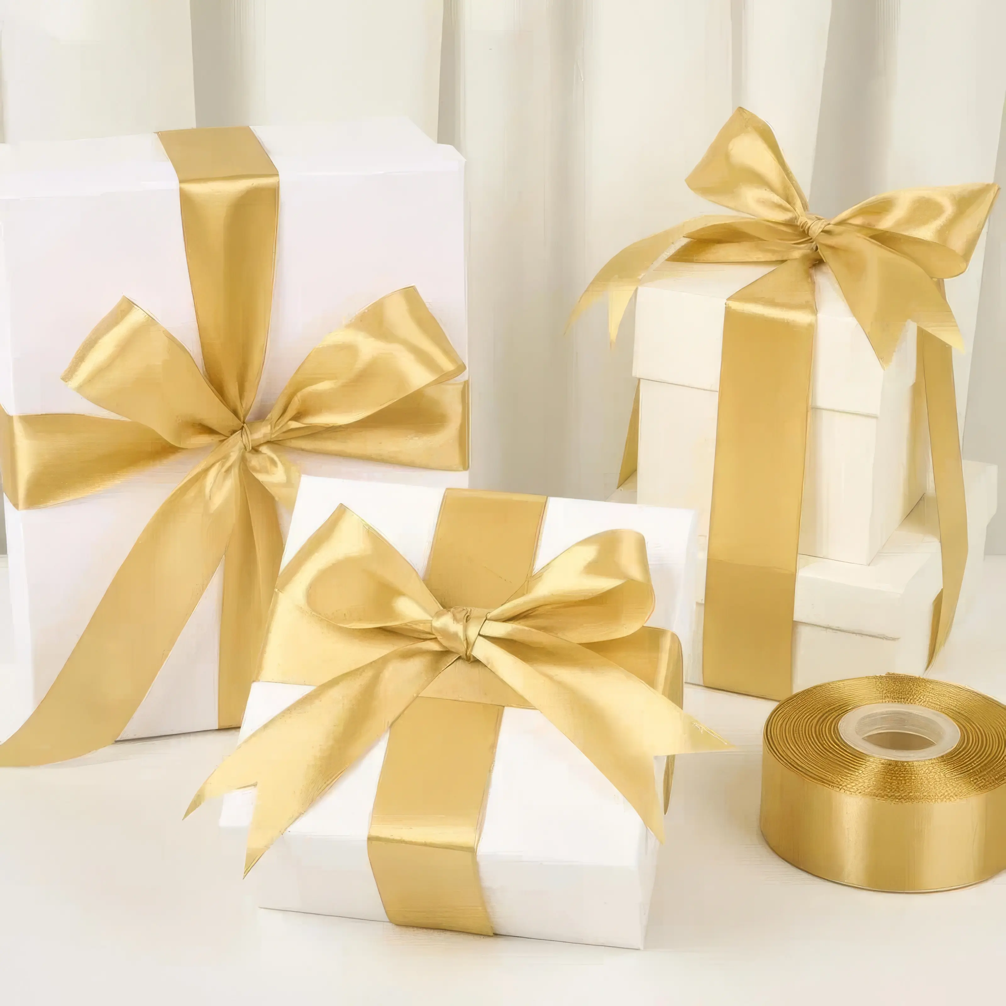 3-Piece Shiny Finish Gold Decorative Ribbon Set - 25yd Wide Ribbon Gifts & Wrapping Supply, Easy-Tie Tulle Bow String for Christmas, Birthday Gift Wrapping, Flower Bouquets