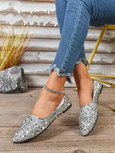 Women's Summer Slip-On Fashionable Loafers, Flats, Pointed Toe French Style Shoes, Sequins Design, Casual Fashion Footwear for Spring & Summer Seasons