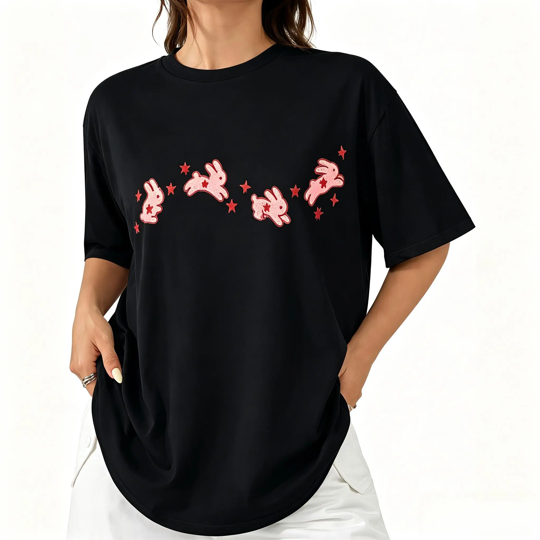 Oversize Vintage "Pink Star Bunnies" Graphic T-Shirt, Artistic Retro Rabbit Casual Graphic Tee, Heavyweight Cotton Streetwear Graphic Vintage Tees Unisex Crewneck Tshirt, 2026 New Color