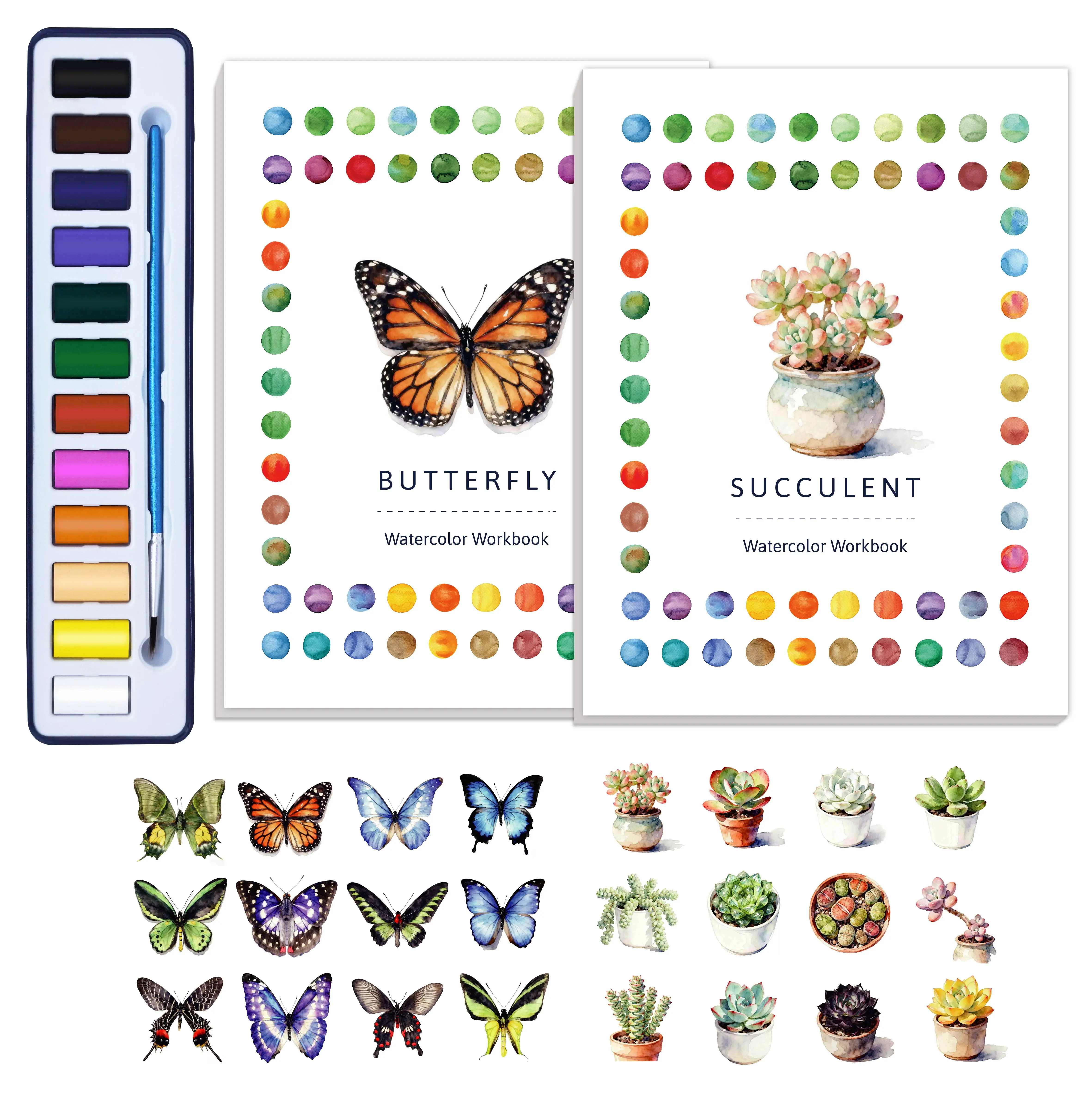 CraftyManor 2Pcs 240g Watercolor Workbook Set with Bright Paints & Easy-to-Clean Brush, 12 Original DIY Patterns, Detailed Tutorial, Beginner-Friendly Art Supplies for Family and Friends