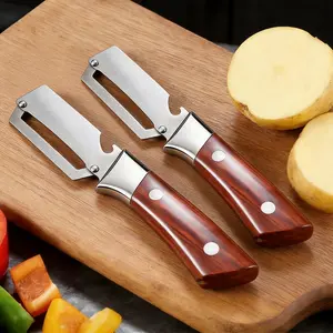 2pcs Wooden Handle Peeler Set with Bottle Opener, Kitchen Fruit and Vegetable Peeler for Pineapple, Lemon, Sugarcane, Pumpkin, Easy to Use and Clean, Essential Camping Tool