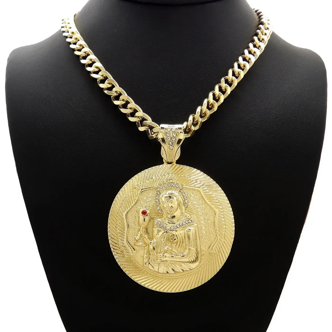 MaxBling81 Unisex Hip Hop Gold Tone Necklace - Gold-Plated Oversized Santa Barbara Statement Pendant, 10mm Cuban Links Necklace (18"-30" Adjustable Chain with Pendants), Chains With Pendants