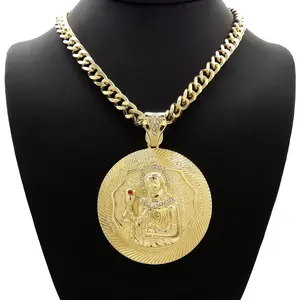 MaxBling81 Unisex Hip Hop Gold Tone Necklace - Gold-Plated Oversized Santa Barbara Statement Pendant, 10mm Cuban Links Necklace (18"-30" Adjustable Chain with Pendants), Chains With Pendants