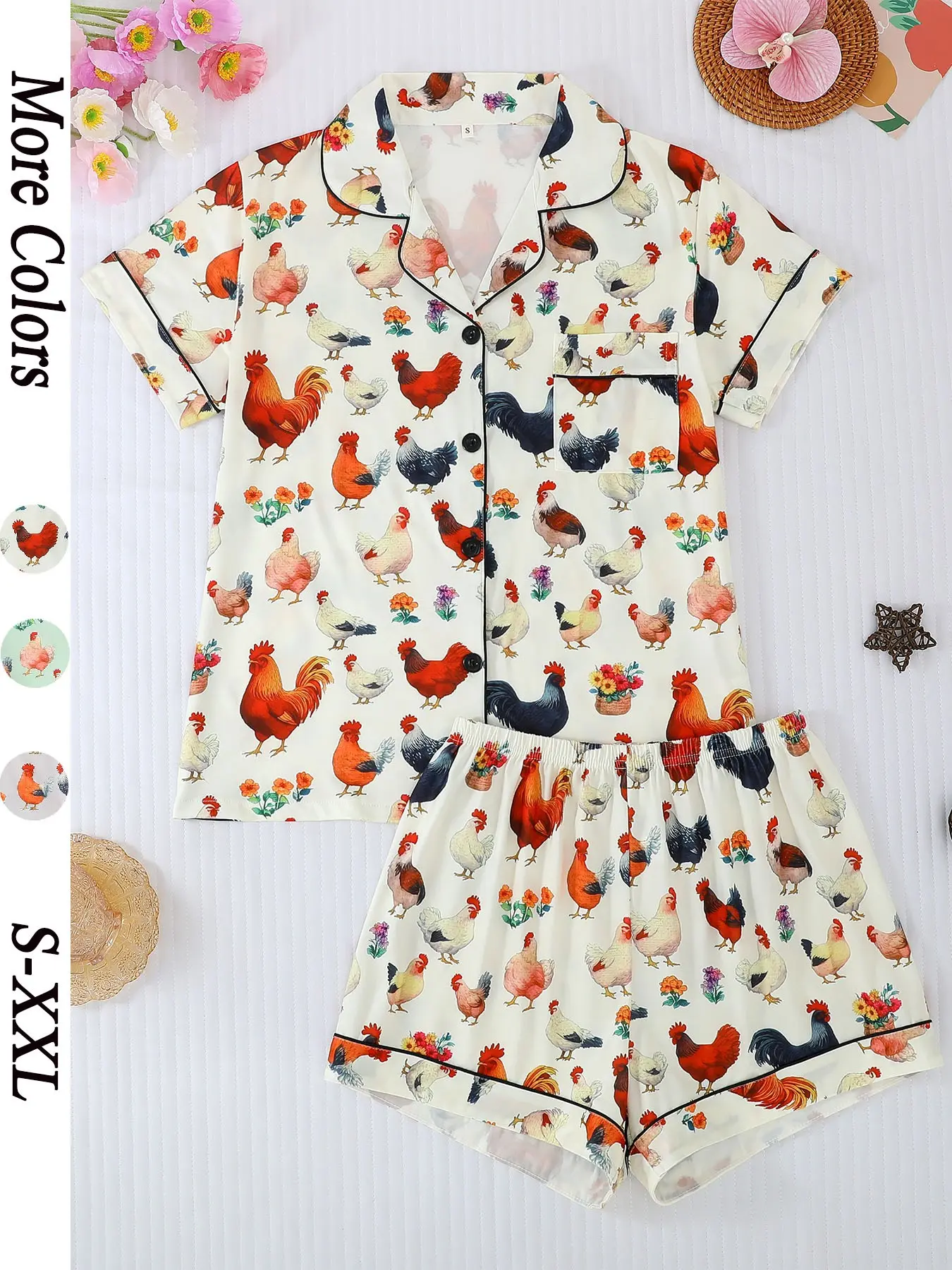 Women's Casual Button Sleepwear Sets, Cartoon Chicken Print Pajama Clothes Set, Loose-Fit Short-Sleeve Top and Shorts, All-Season Comfortable Home Homewear, Comfy Pajama Sets, Loungewear