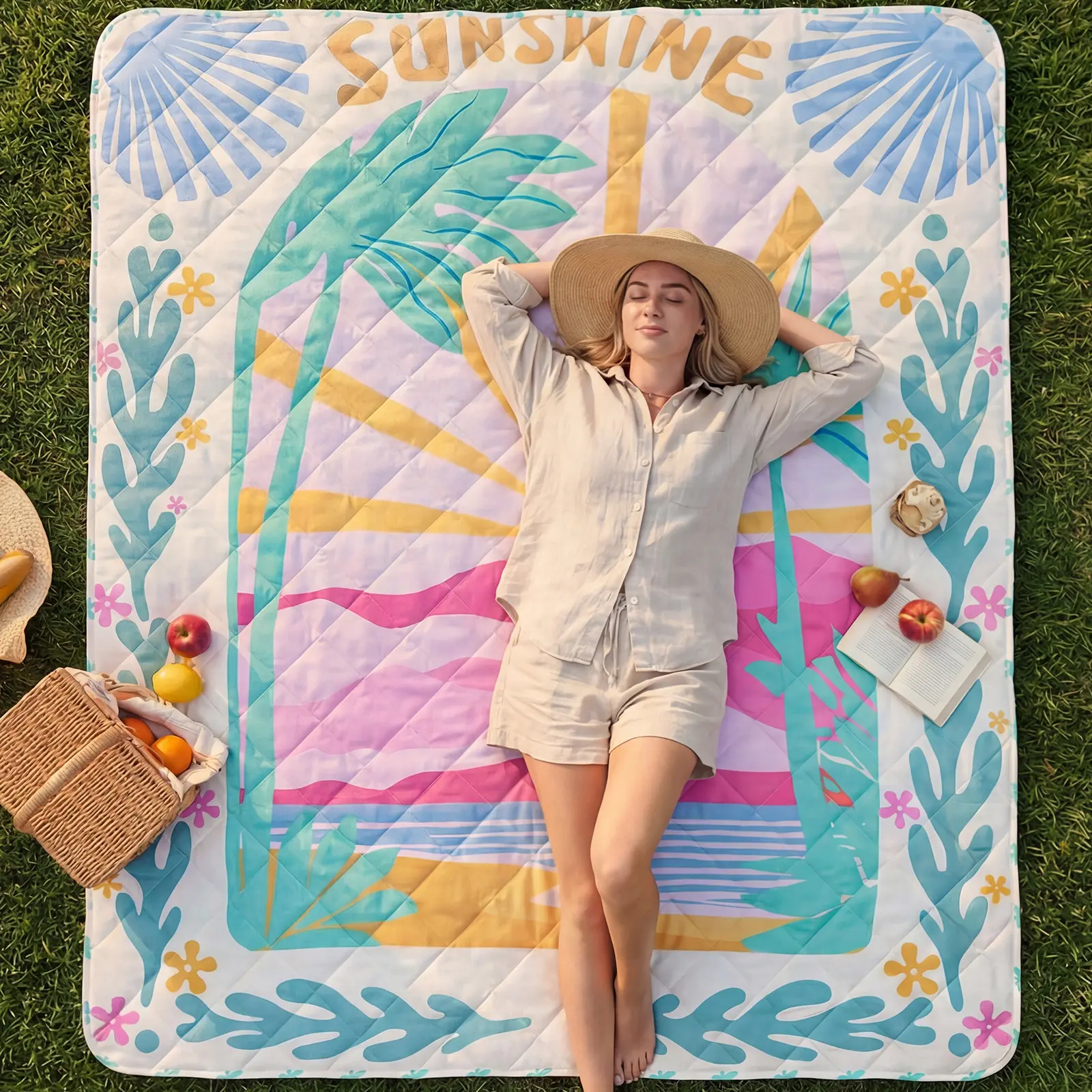 【Summer Sales Deals】Melex Home Foldable Velcro Picnic Blanket - Outdoor Portable Waterproof Travel Accessory, Camping Supply with Sandproof Backing, Corner Loops, Double-Sided Water-Repellent, Aesthetic Design for Gifting, Grass Use, Travel Accessories, C