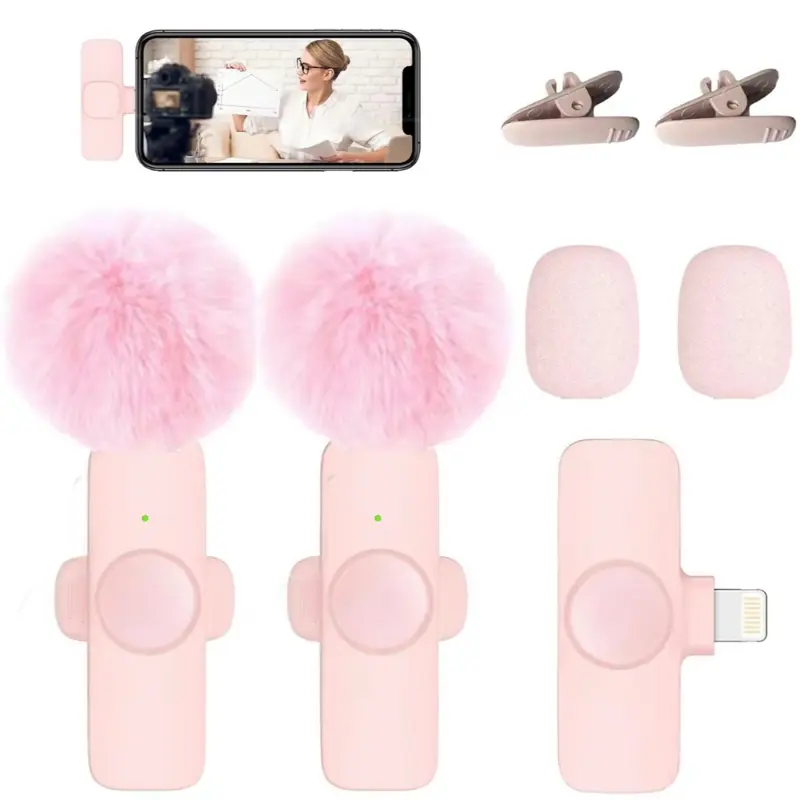 2 Pcs Wireless Lavalier Mini Microphone in Pink with Pom Poms - One Set