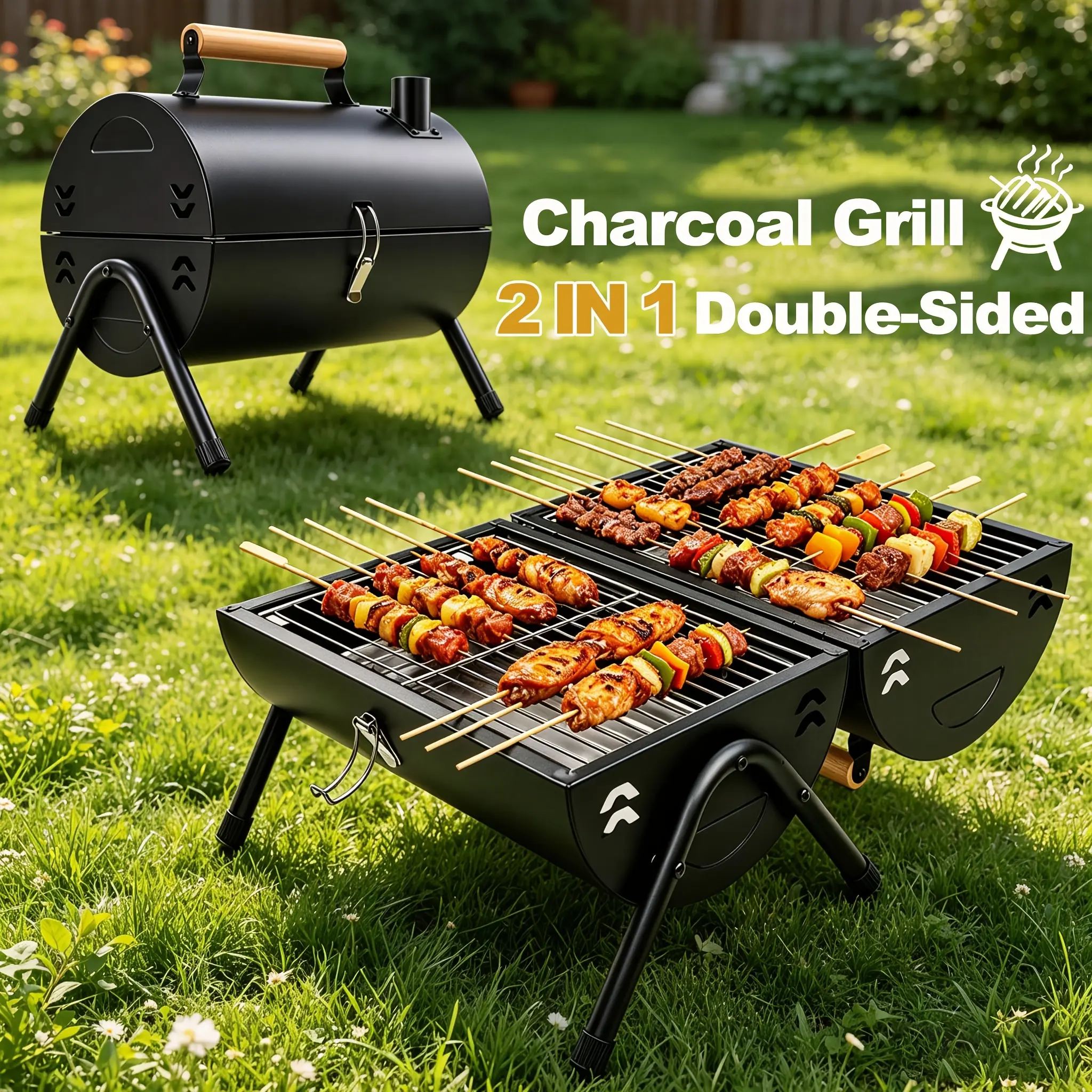Portable Tabletop Outdoor Grill For Camping And Backyard BBQ - Heavy-Duty Charcoal Barbecue Stove With Double-Sided Grilling Area, Wooden Handle, Safety Latch And A Grill Tongs., Ideal For Patio, Picnic, And Tailgating (Black)