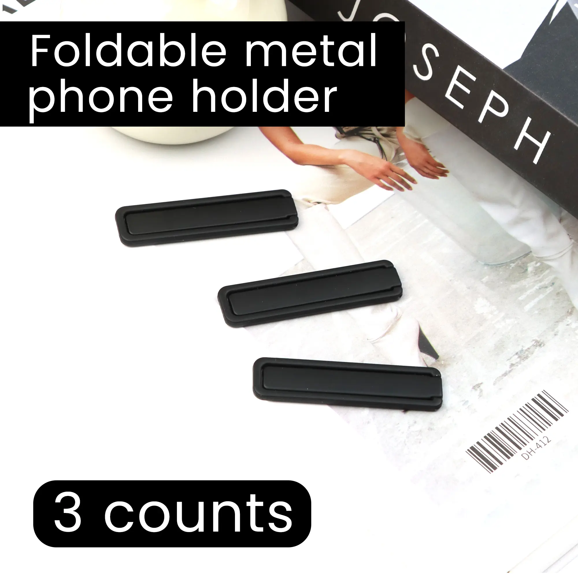 3-Count Metal Smartphone Kickstand Accessories - Portable Mobile Phone Mount, Black, Lightweight, Slim, Stable, Durable, Strong Adhesive, Fits Smooth Phone Cases, Adjustable, Foldable