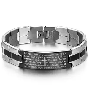 Stainless Steel Black Silver-Tone Religious Cross English Prayer Mens Bracelet