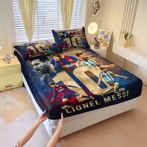 Football Superstar Themed Fitted Sheet Set,Includes 1 Fitted Sheet & 2 Pillowcases without Filler,Barcelona Football Club Bedding Set, Soft King/Standard Size Bedding Set,Suitable for boys.