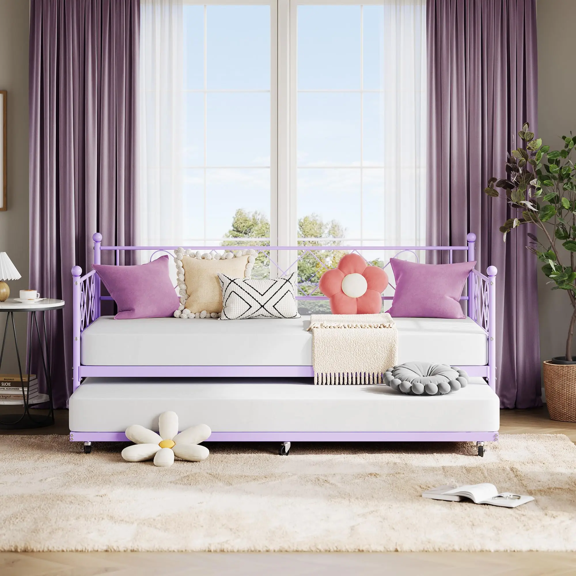 Garvee Twin Metal Daybed with Trundle Featuring Heart-Shaped Headboard, Sturdy Steel Slat Support, Space-Saving Design, Easy Assembly, Ideal for Living Room, Bedroom, Guest Room, Available in Purple, Black, Pink, White