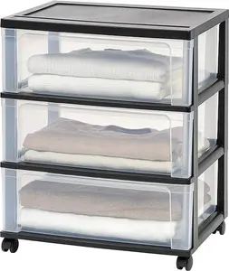 IRIS USA 3 Drawer Wide Storage Drawer Cart with Caster Wheels, Plastic Rolling Dresser for Home Closet Bedroom Bathroom Office Laundry Kitchen Craft Room Nursery and School Dorm, Black/Clear
