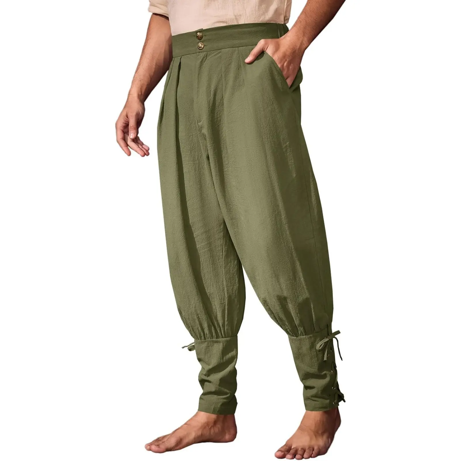 Runcati Men's Medieval Lace-Up Cotton Ankle Pants - Tapered Menswear with Plain Design & Pocket, Renaissance Viking Halloween Costume Trousers