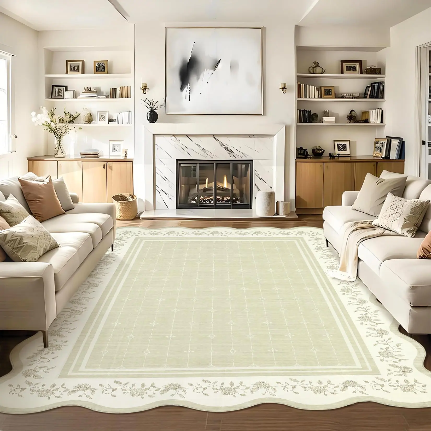 Garvee Scalloped Washable Rug 9x12 - Non Slip, Neutral Modern Bordered Floral Design, Soft Non-Shedding Accent Carpet for Living Room, Bedroom, Nursery, Dining Room, Dorm, Beige