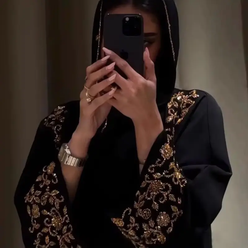 Abaya  Women's Muslim Fashion Modest Style Elegant Traditional Abaya - Handcrafted, Gold Embroidery, Matching Hijab, Traditional Style Women's Clothes