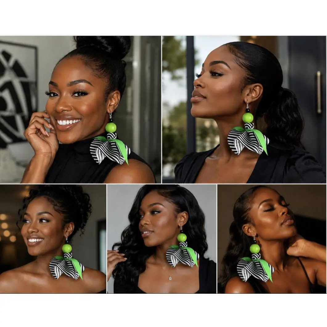 Handmade Black and White Striped Fabric Tassel Earrings with Lime Green Accents for Stylish Accessory