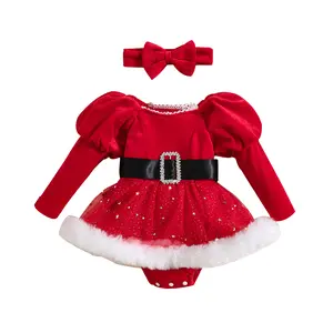 Baby Girl Christmas Outfit Newborn Xmas Dress Infant Girls Long Sleeve Romper Dress My First Christmas Clothes