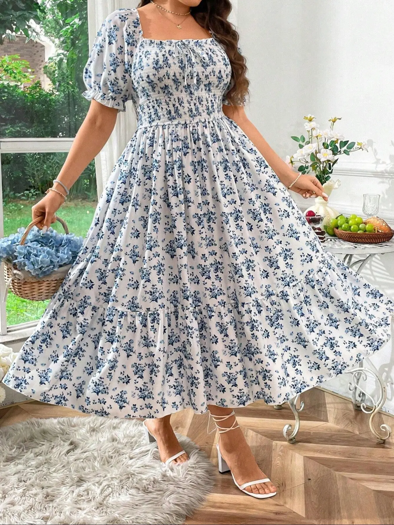 Women's Plus Size Fashion Elegance Casual Boho Chic Bohemian Shirred Dress, Floral Pattern, Boho Printed Floral, Loose-Fitting Midi Dress, Short Sleeve, All Seasons, Woven Fabric, Casual Wear